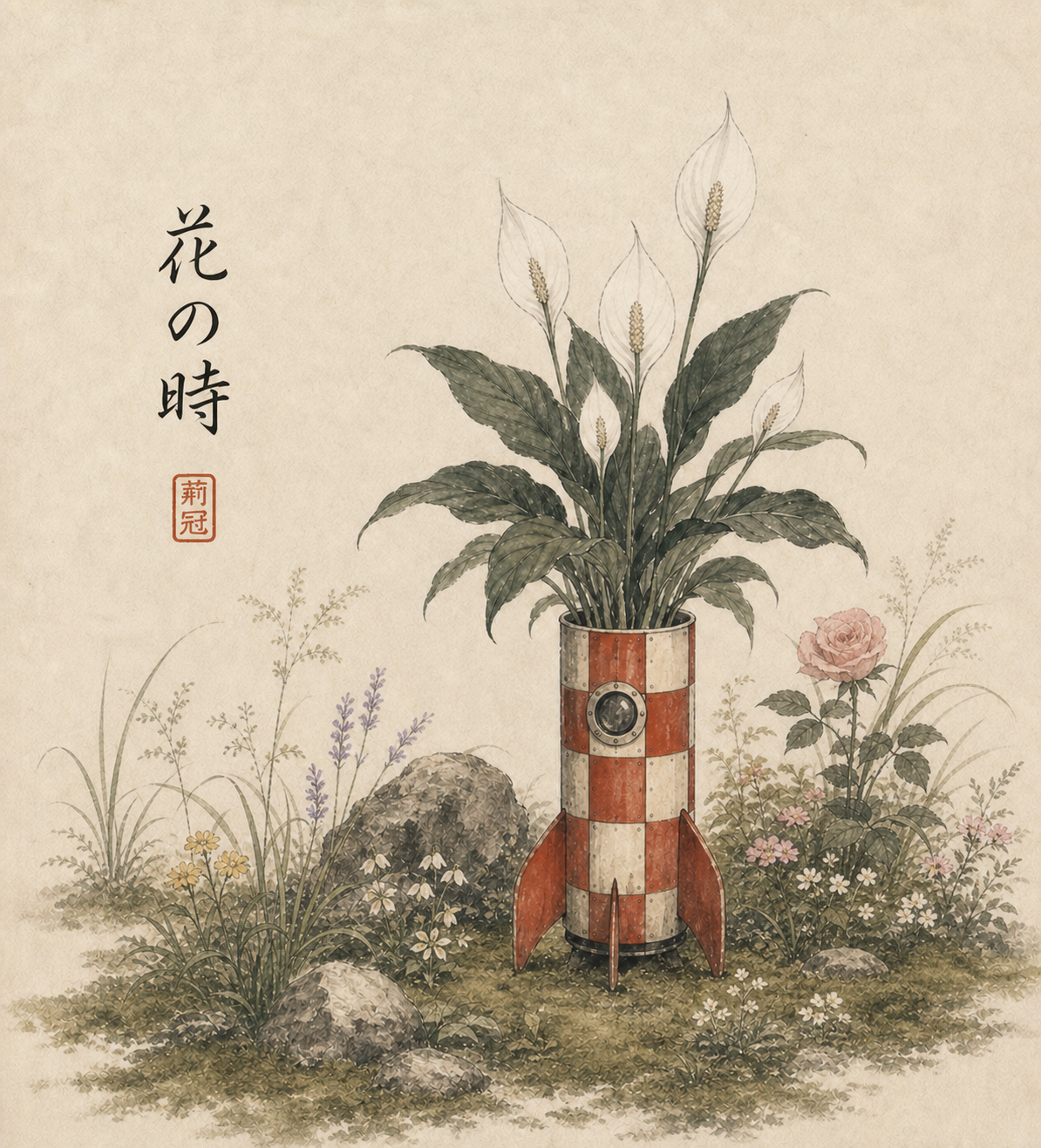 Japanese watercolour of a peace lily growing from a miniature rocket in a flower garden