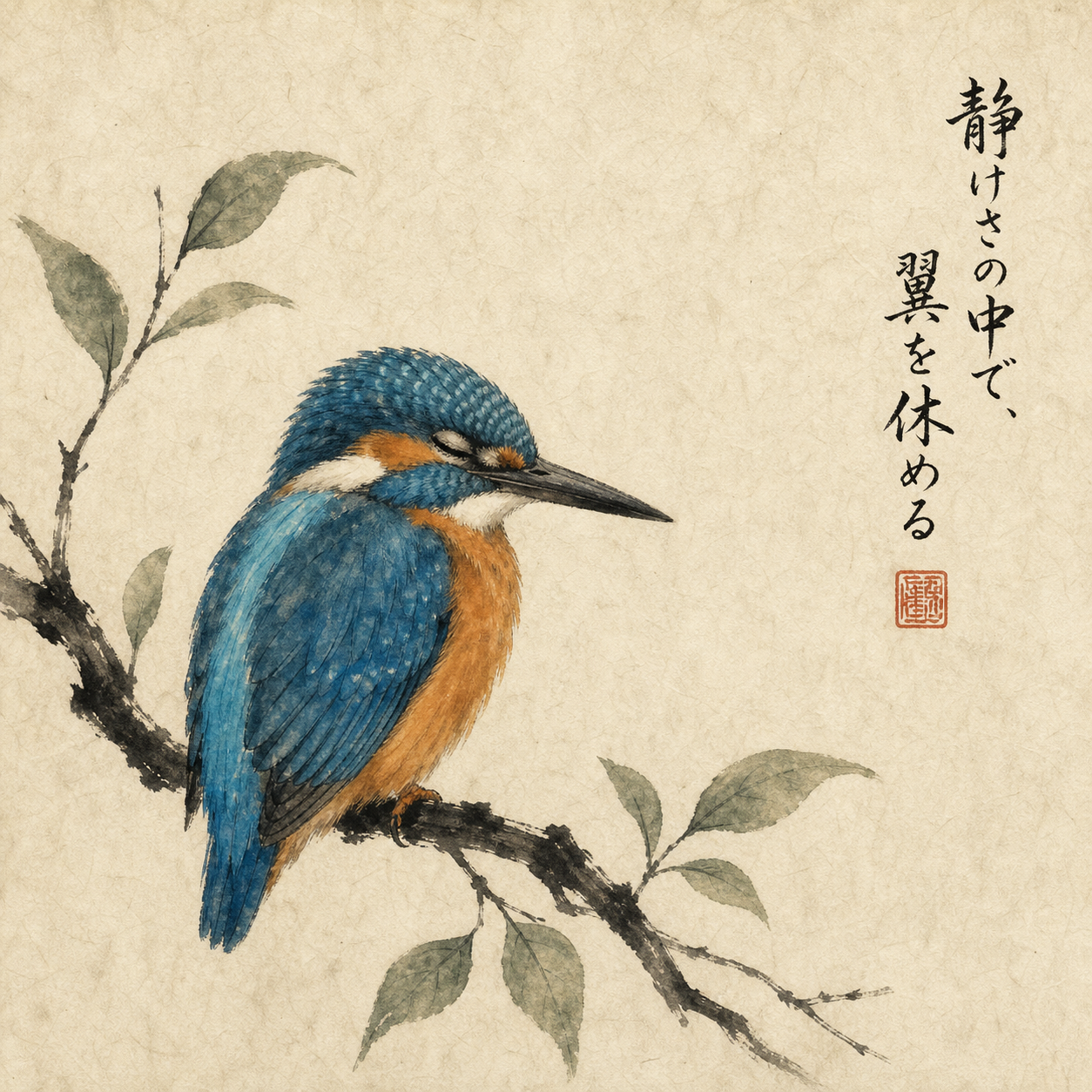 Japanese sumi-e kingfisher perched on a leafy branch