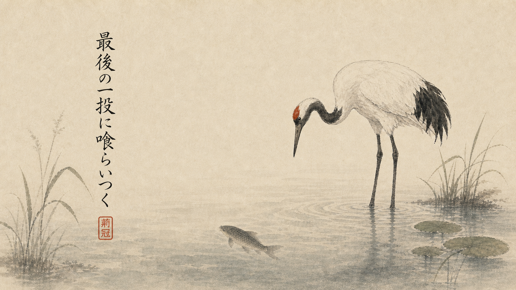 Japanese-inspired ink painting of a red-crowned crane watching a fish beneath the water