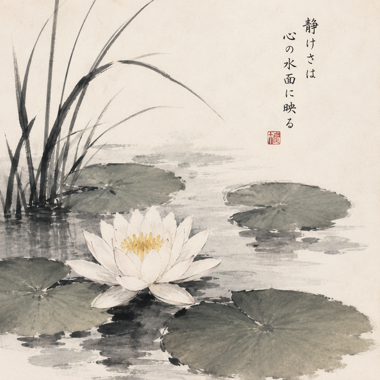 Japanese ink painting of a lotus pond