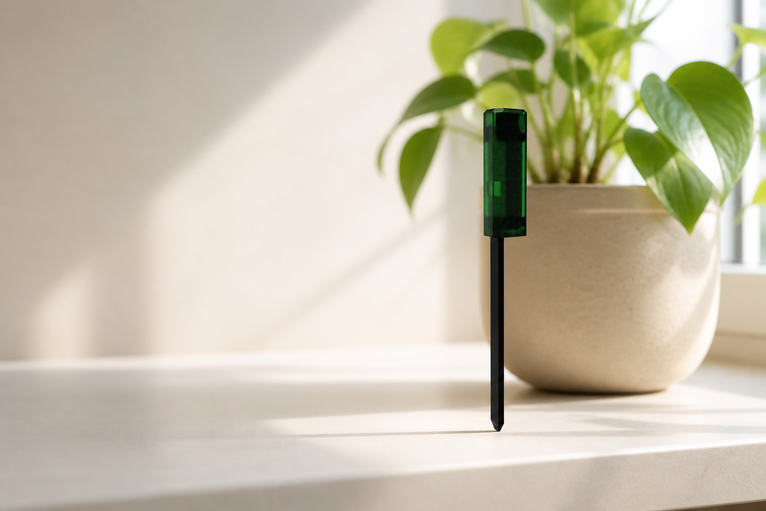 Freestanding soil probe beside a potted plant in a calm home setting